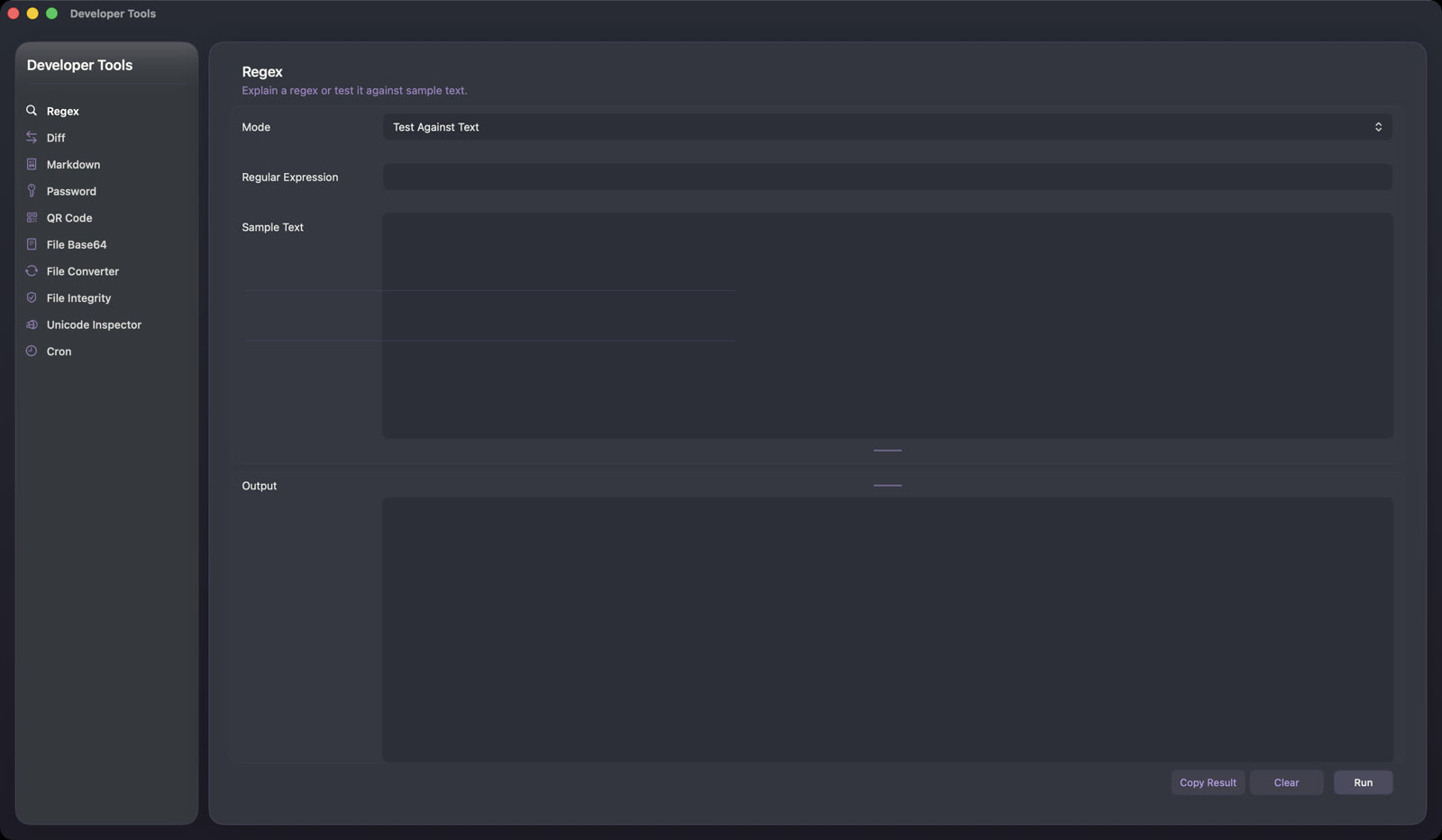 Inkline Regex tool with pattern, test text, and replacement controls