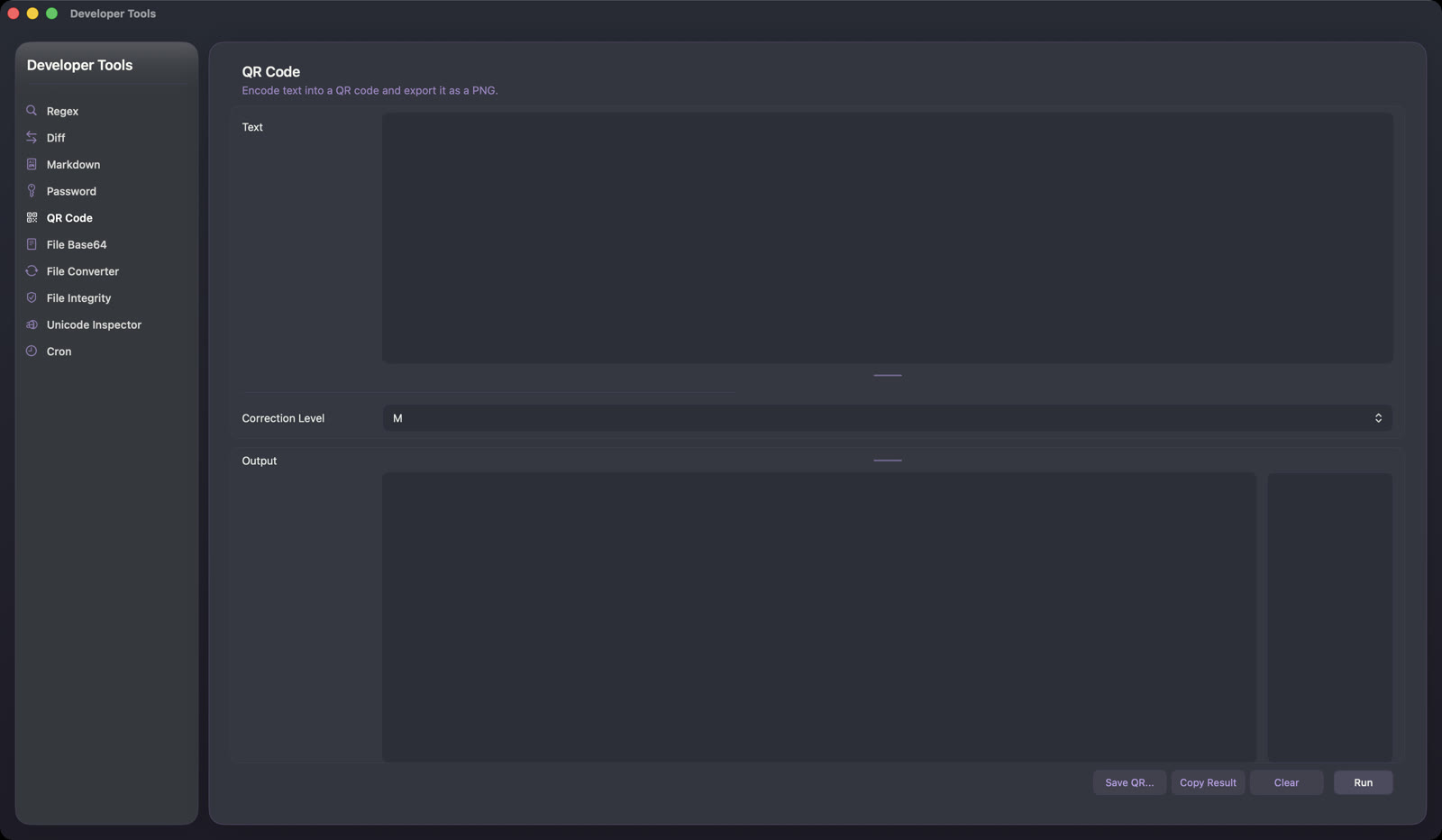 Inkline QR Code tool with all ten Developer Tools visible in the sidebar