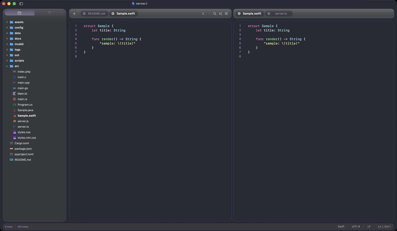 Inkline split editor showing two project files side by side