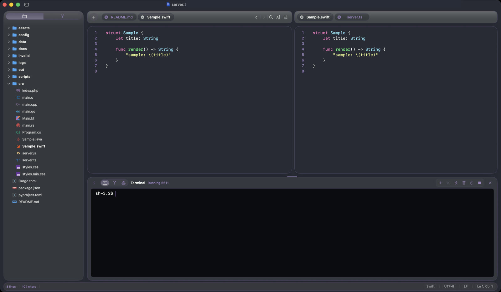 Inkline showing split editors with the integrated terminal panel