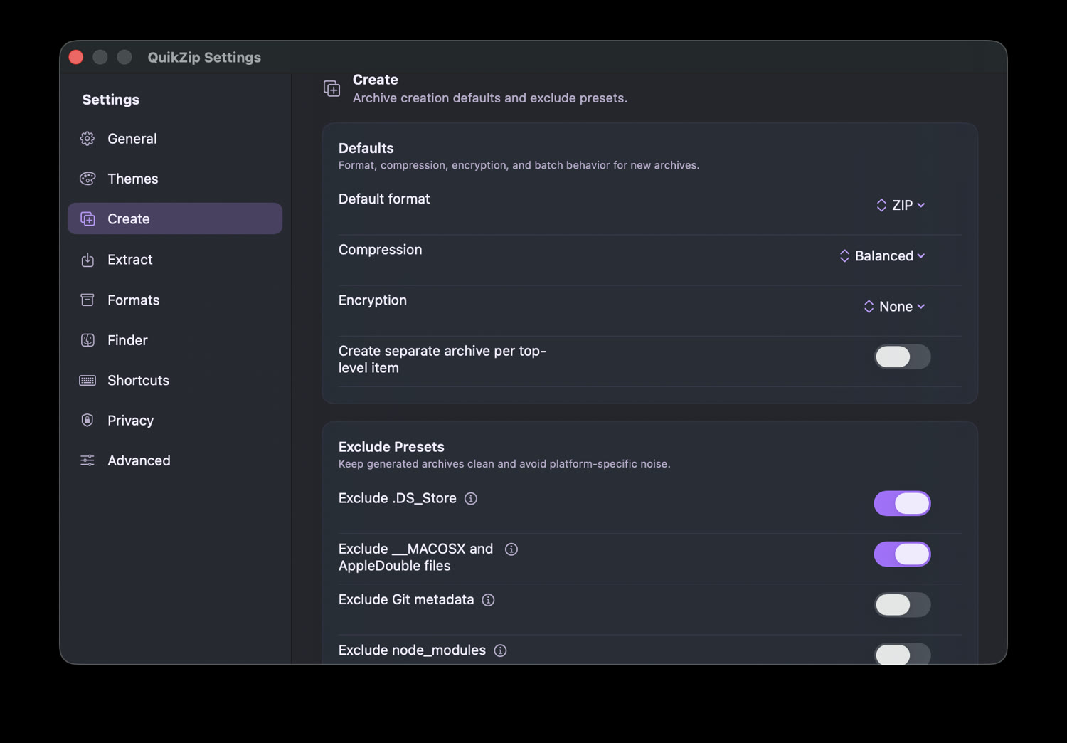 QuikZip archive creation settings with compression and exclude presets