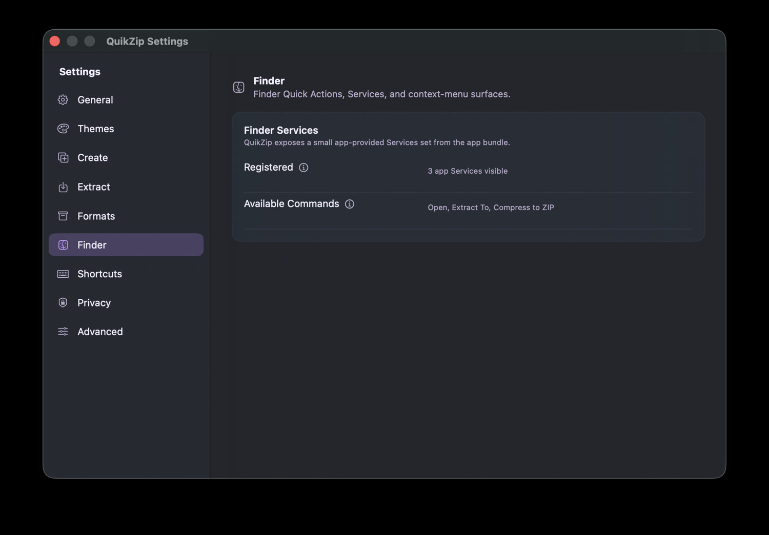 QuikZip Finder Services settings showing available archive commands