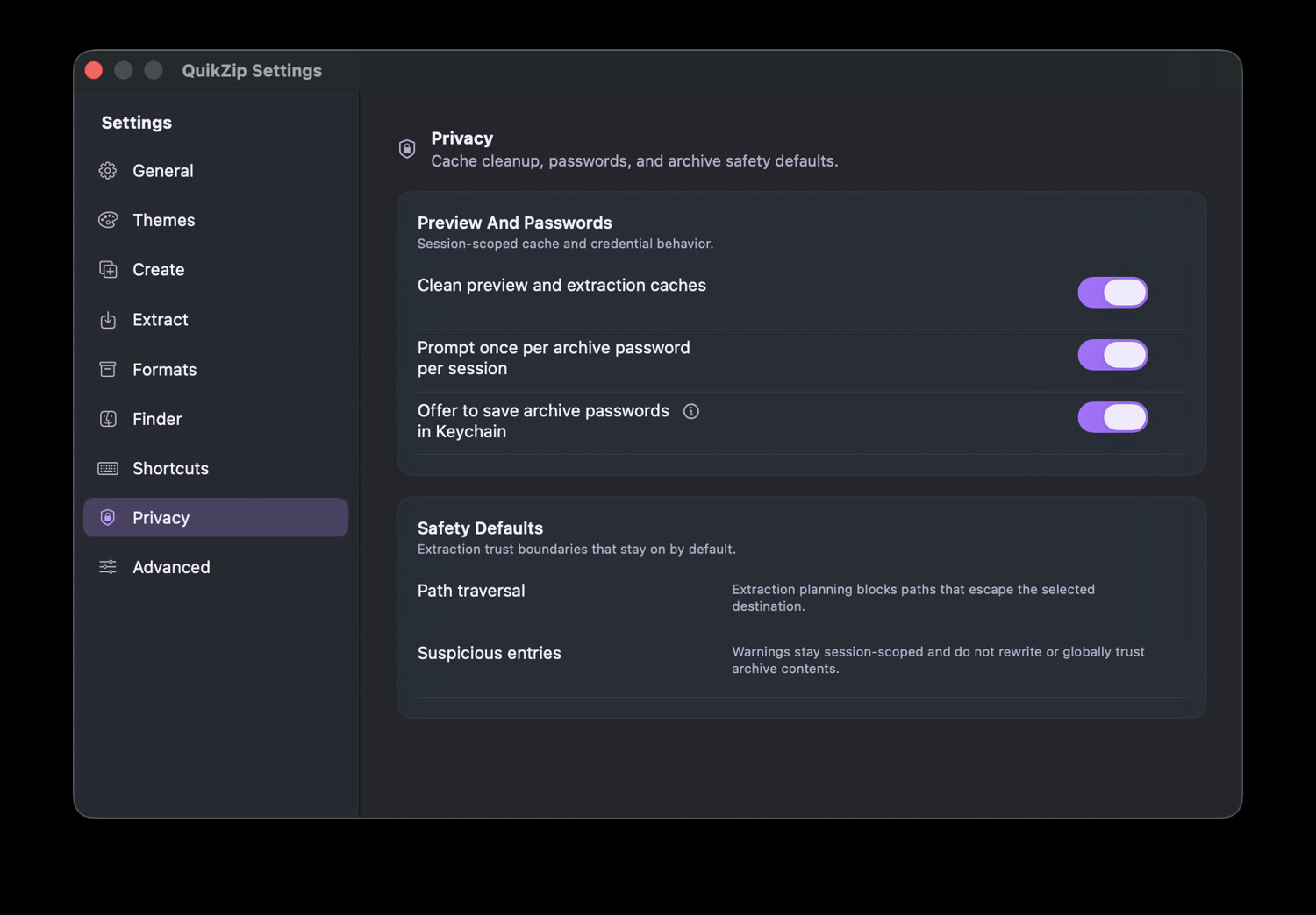 QuikZip privacy and archive safety settings