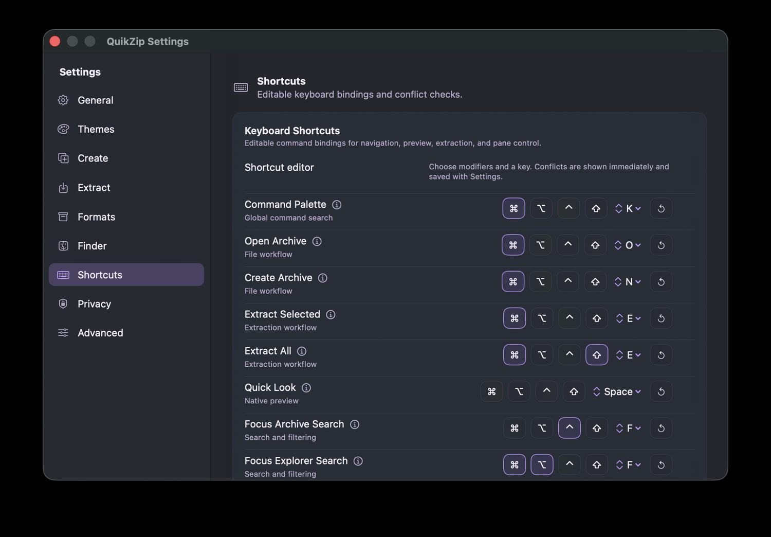 QuikZip shortcut editor with customizable archive commands