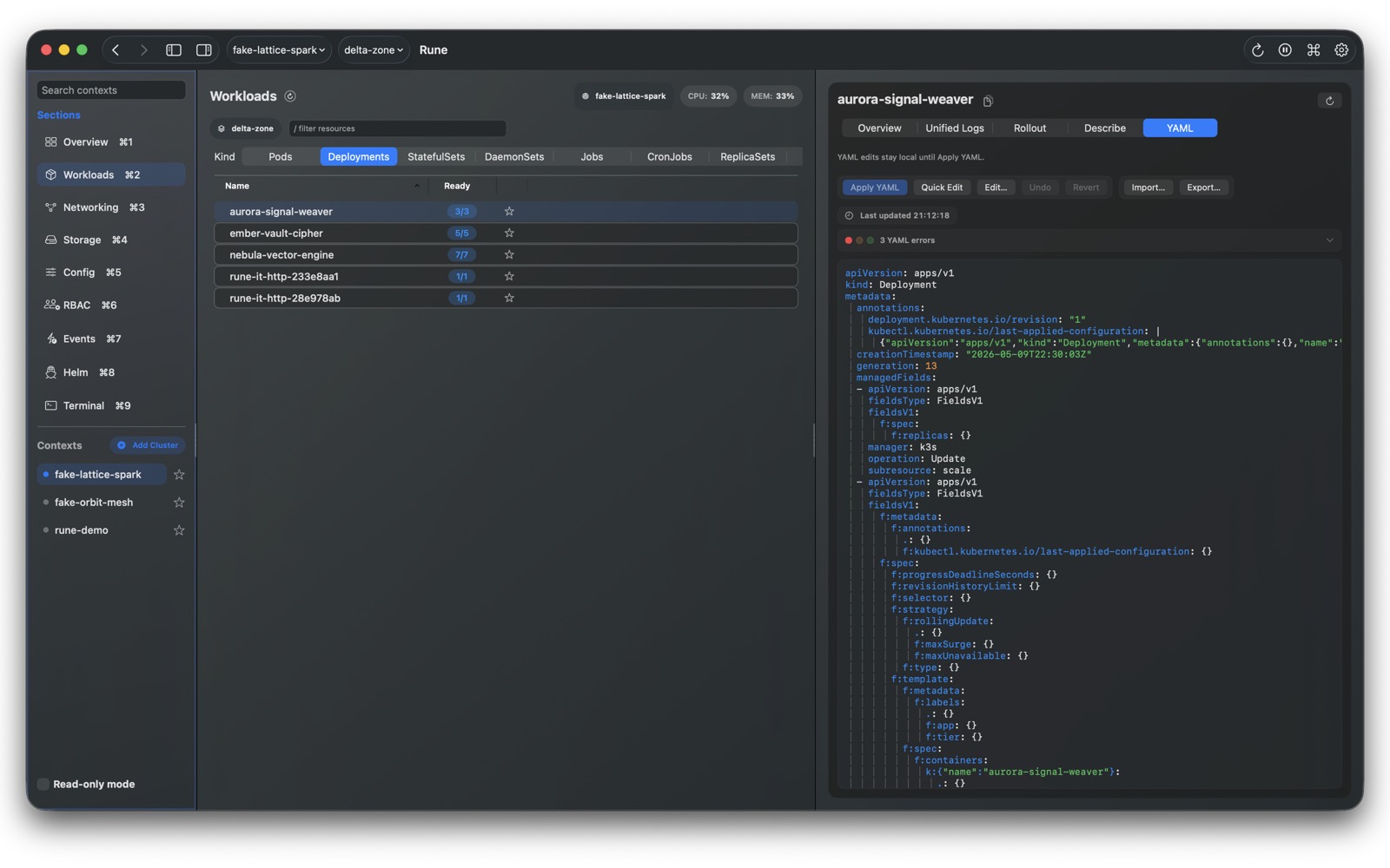 Rune YAML editor for a deployment.