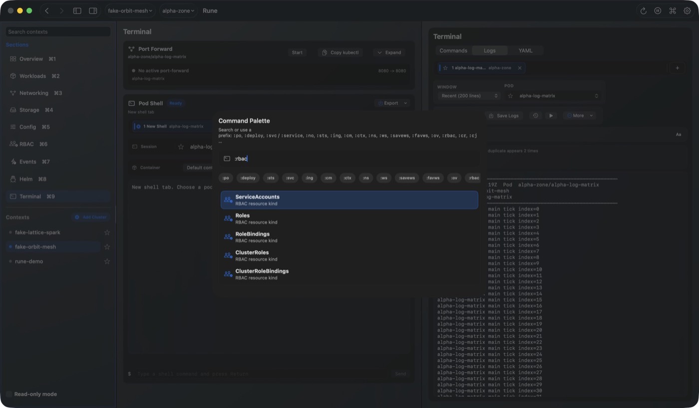 Rune command palette filtering Kubernetes RBAC resources.
