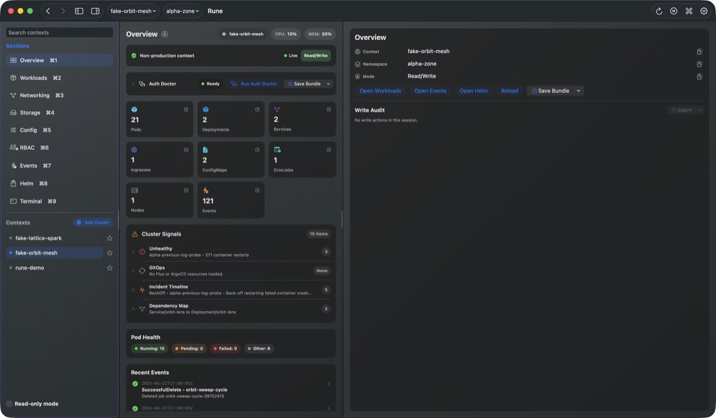 Rune showing Kubernetes resource counts, cluster signals, pod health, and recent events.
