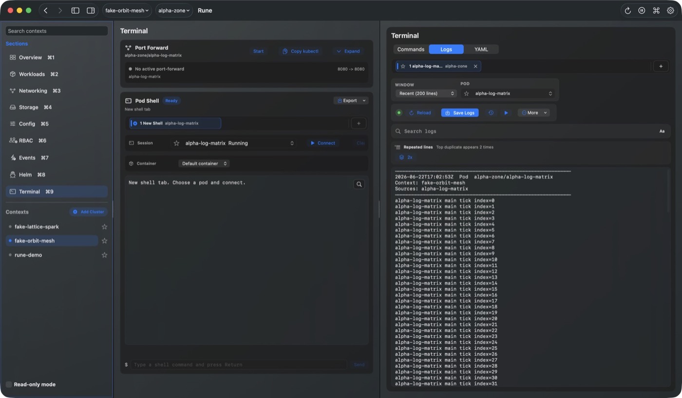 Rune terminal view showing a pod shell panel and log output.