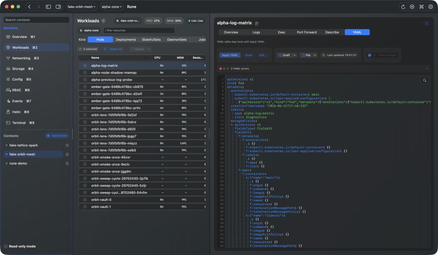 Rune YAML quick edit view showing syntax highlighting and YAML validation errors.