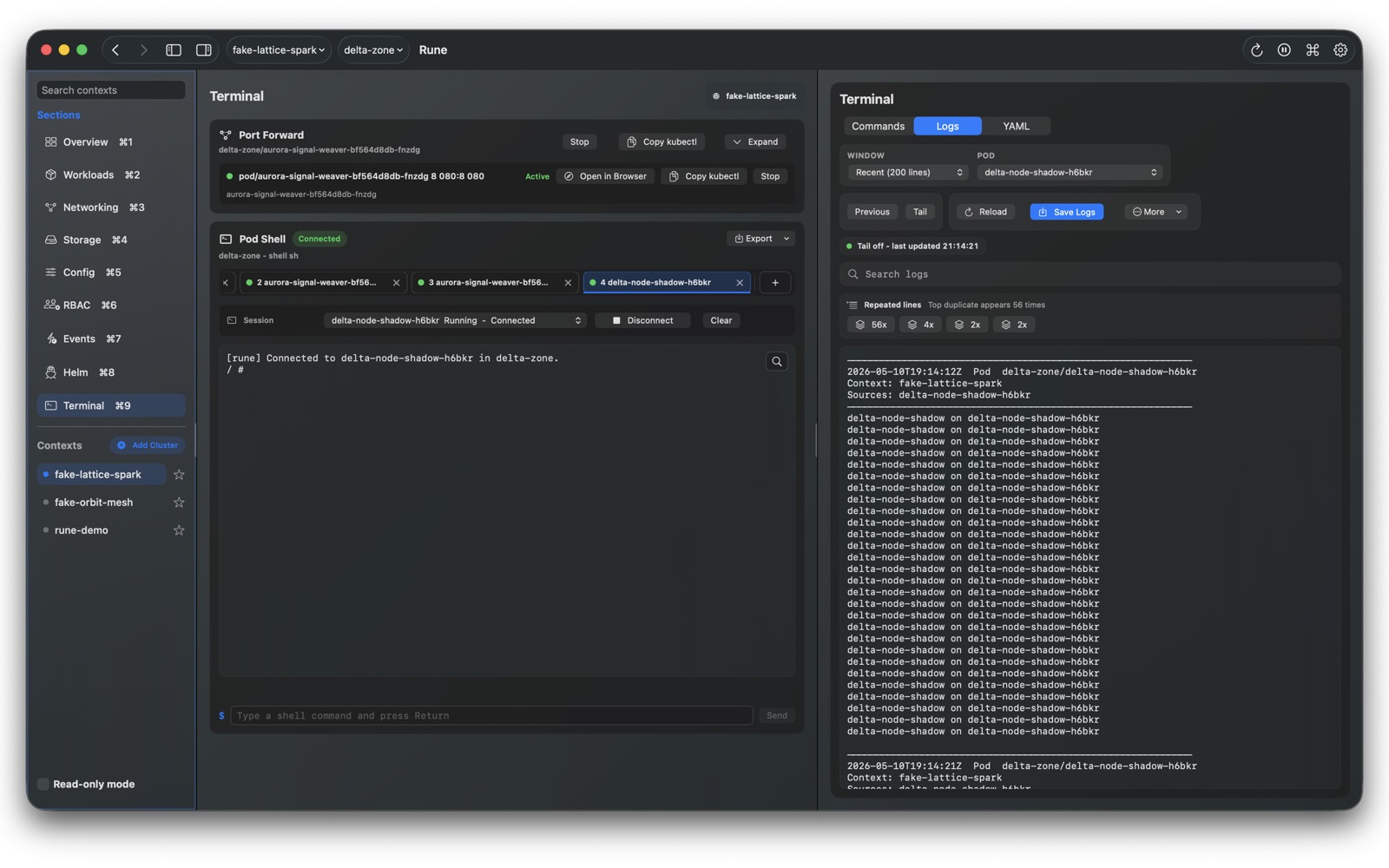 Rune terminal split view.